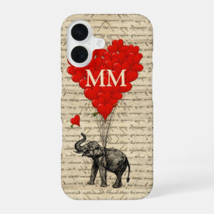 Monogrammed romantic elephant and heart iPhone 16 case