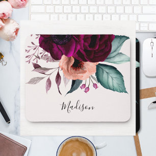 Monogrammed Romantic Vintage Boho Purple Flowers Mouse Pad