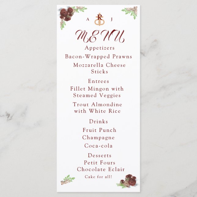 Monogrammed Rose-Corsage Menu Card (Front)