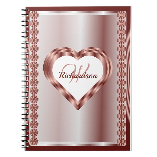 Monogrammed Rose Gold And White Geometric Heart Notebook (Front)
