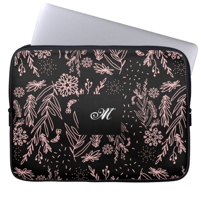 Monogrammed Rose Gold Black Botanical Pattern La Laptop Sleeve (Front)