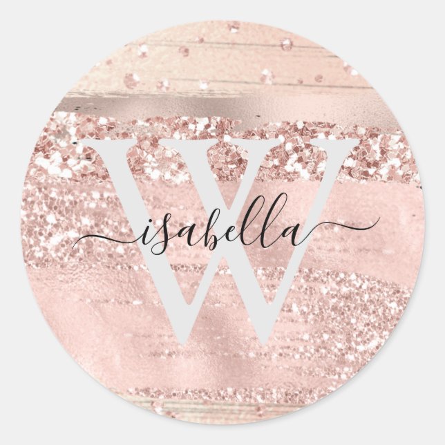Monogrammed Rose Gold Brush Strokes Glitter Script Classic Round Sticker (Front)
