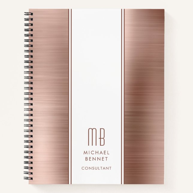 Monogrammed Rose Gold Brushed Metallic Business Notebook (Front)