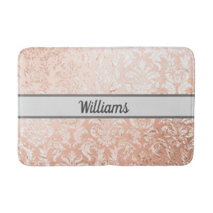 Monogrammed Rose Gold Damask Bath Mat