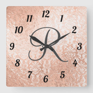 Monogrammed Rose Gold Damask Square Wall Clock