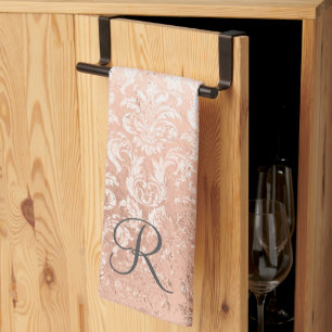 Monogrammed Rose Gold Damask  Tea Towel
