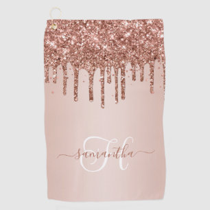 Monogrammed Rose Gold Dripping Glitter Blush Golf Towel