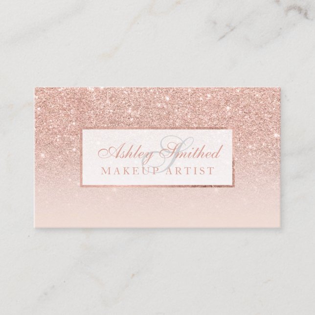 Monogrammed rose gold glitter blush ombre makeup business card (Front)