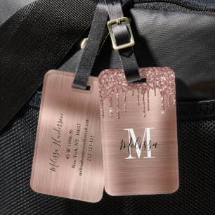 Monogrammed Rose Gold Glitter Drip Brushed Metal Luggage Tag