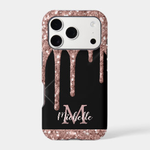 Monogrammed Rose Gold Glitter Drips on Black