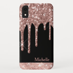 Monogrammed Rose Gold Glitter Drips on Black iPhone XR Case