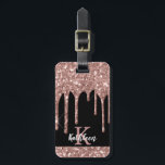 Monogrammed Rose Gold Glitter Drips on Black Luggage Tag<br><div class="desc">Modern, girly rose gold glitter drips name and monogrammed luggage tag. This design features blush pink rose gold glitter sparkle drips on black colour background with custom personalised monogram initial and first name text template. Perfect feminine gift. Please note, this design is printed photo effect. If you need help or...</div>