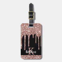 Monogrammed Rose Gold Glitter Drips on Black
