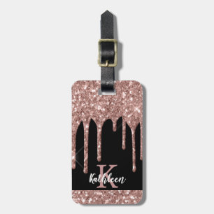 Monogrammed Rose Gold Glitter Drips on Black Luggage Tag