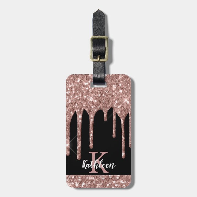 Monogrammed Rose Gold Glitter Drips on Black Luggage Tag (Front Vertical)