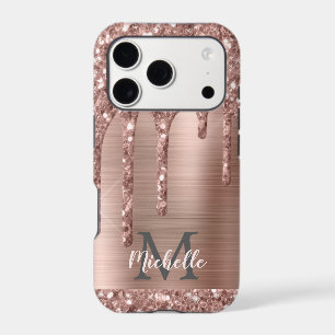 Monogrammed Rose Gold Glitter Drips on Pink Metal
