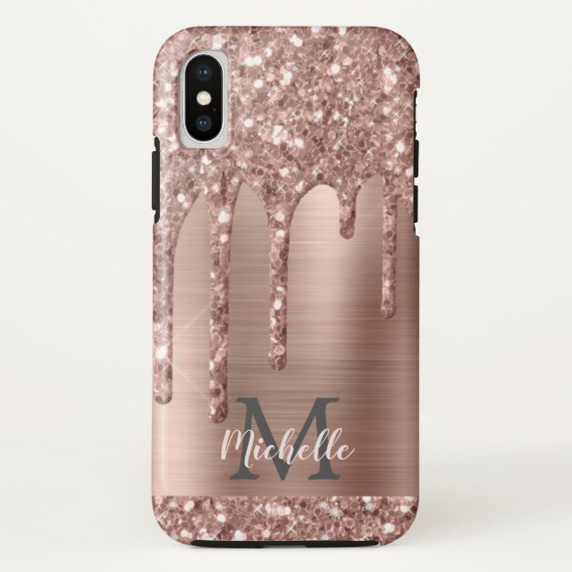 Monogrammed Rose Gold Glitter Drips on Pink Metal Case-Mate iPhone Case (Back)