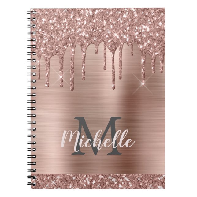 Monogrammed Rose Gold Glitter Drips on Pink Metal Notebook (Front)