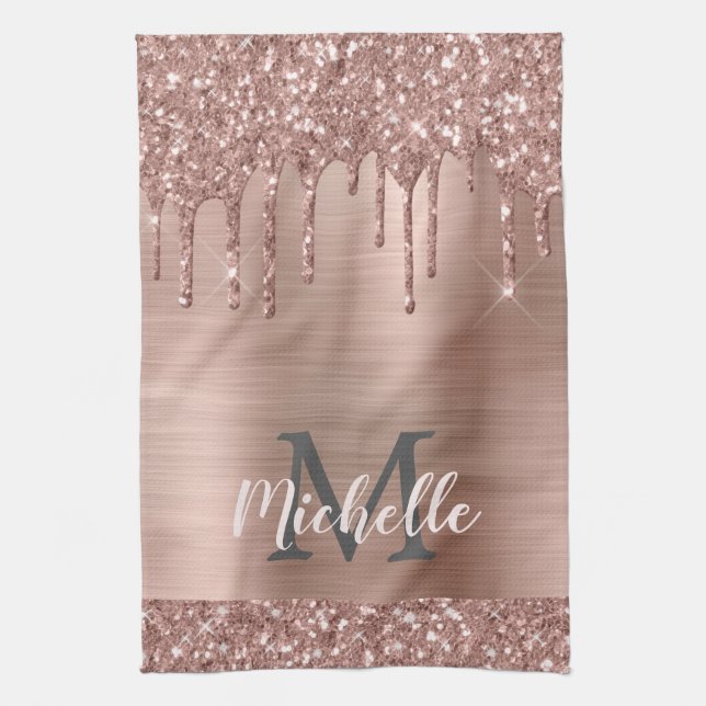 Monogrammed Rose Gold Glitter Drips on Pink Metal Tea Towel (Vertical)