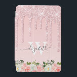 Monogrammed Rose Gold Glitter Drips Pink Floral iPad Mini Cover<br><div class="desc">Modern, girly rose gold glitter drips name and monogrammed ipad cover. This design features blush pink rose gold glitter sparkle drips on pink background. At the bottom blush pink watercolor rose floral arrangement. Including a custom personalised monogram initial and a first name text template in hand lettered script font. Perfect...</div>