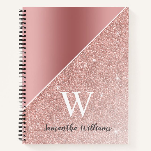Monogrammed Rose Gold Glitter Sparkle Girly Notebook (Front)