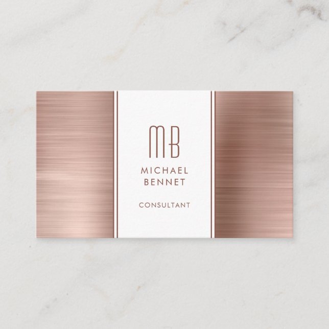 Monogrammed Rose Gold Metallic Foil Consultant Business Card (Front)