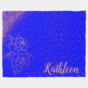 Monogrammed Rose Gold Pink Roses on Blue    Fleece Blanket