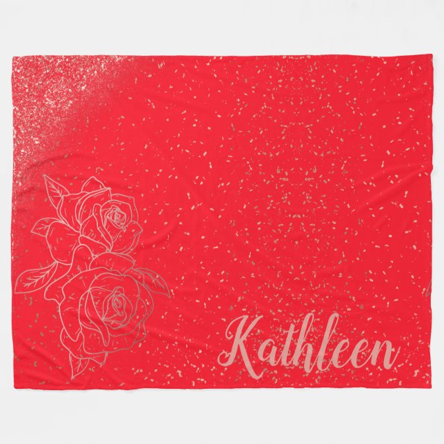 Monogrammed Rose Gold Pink Roses on Red |  Fleece Blanket (Front (Horizontal))