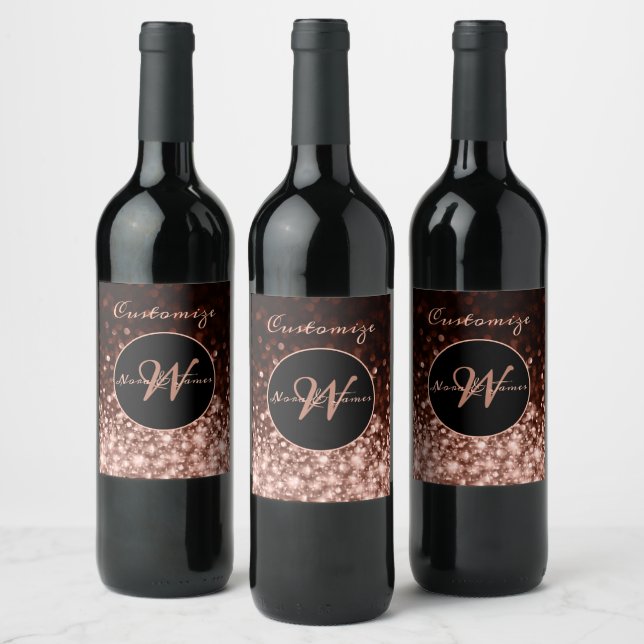 Monogrammed Rose Gold Sparkle Wine Label (Bottles)
