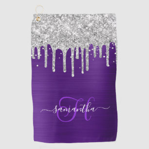 Monogrammed Royal Purple Silver Dripping Glitter Golf Towel