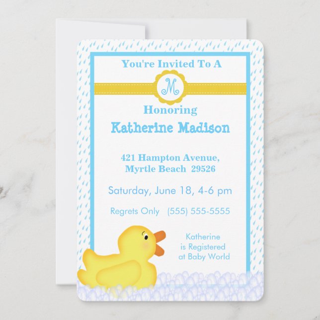 Monogrammed  Rubber Ducky Baby Shower Invitation (Front)