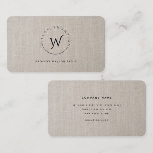 Monogrammed Rustic Beige Linen Elegant Script Business Card