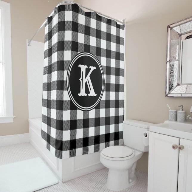 Monogrammed Rustic Black White Buffalo Plaid Shower Curtain (In Situ)