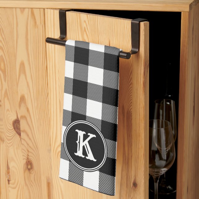 Monogrammed Rustic Black White Buffalo Plaid Tea Towel (Thirds Fold)