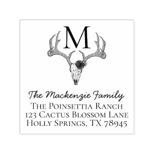 Monogrammed Rustic Floral Deer Skull Antlers Self-inking Stamp