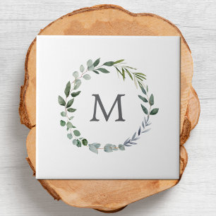 Monogrammed Rustic Green Sage Leaf Wreath Ceramic Tile