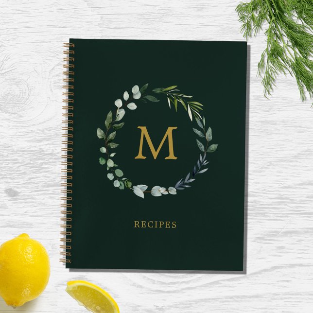 Monogrammed Rustic Green Sage Leaf Wreath Recipe Notebook (In situ)