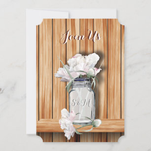 Monogrammed Rustic Mason Jar and Pink Peonies Invitation