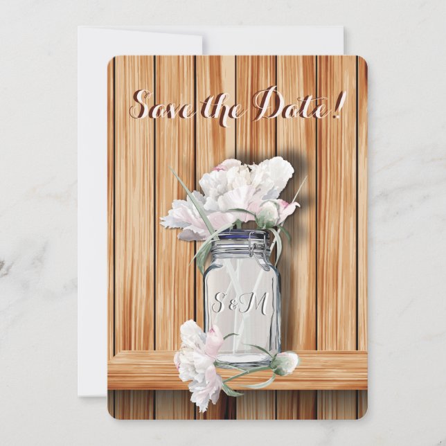 Monogrammed Rustic Mason Jar and Pink Peonies Save The Date (Front)