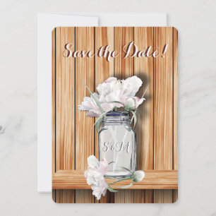Monogrammed Rustic Mason Jar and Pink Peonies Save The Date