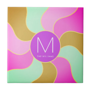 Monogrammed Rustic Retro Colourful Sun Wave Ceramic Tile