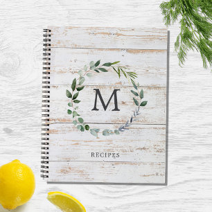 Monogrammed Rustic Wood Green Leaves Recipe Book