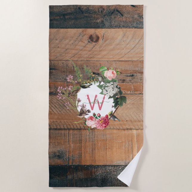 Monogrammed Rustic Wood Vintage Flowers Beach Towel (Front)