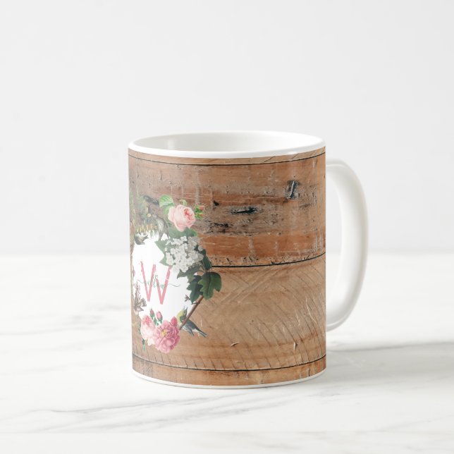 Monogrammed Rustic Wood Vintage Flowers Coffee Mug (Front Right)