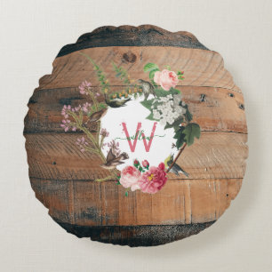 Monogrammed Rustic Wood Vintage Flowers Round Cushion