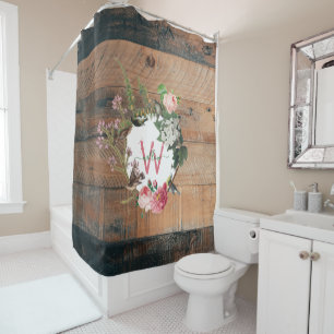 Monogrammed Rustic Wood Vintage Flowers Shower Curtain