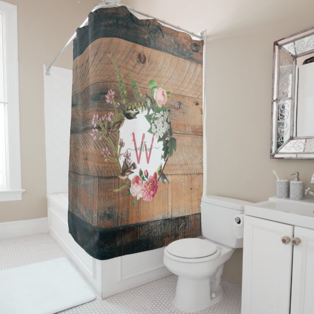 Monogrammed Rustic Wood Vintage Flowers Shower Curtain (In Situ)