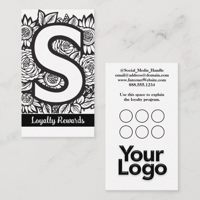 Monogrammed S Floral Black and White Company Logo  Business Card (Front/Back)