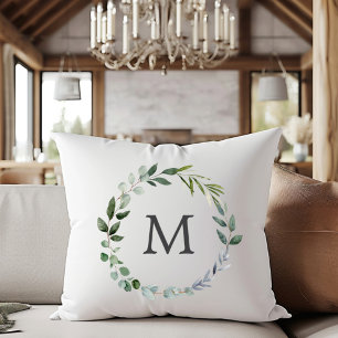 Monogrammed Sage Green Leaves Greenery Wreath Cushion