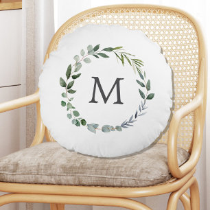 Monogrammed Sage Green Leaves Greenery Wreath  Round Cushion